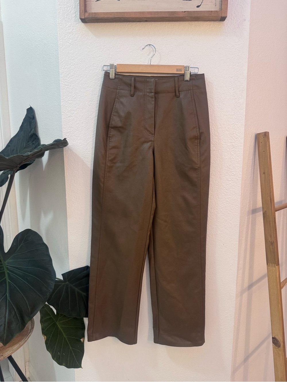 Aritzia Wilfred Brown Faux Leather Straight-Leg Pants High Rise Straight Leg